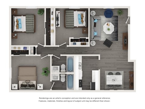 Floor plan for 3 beds, 2 baths, 1250 sqft